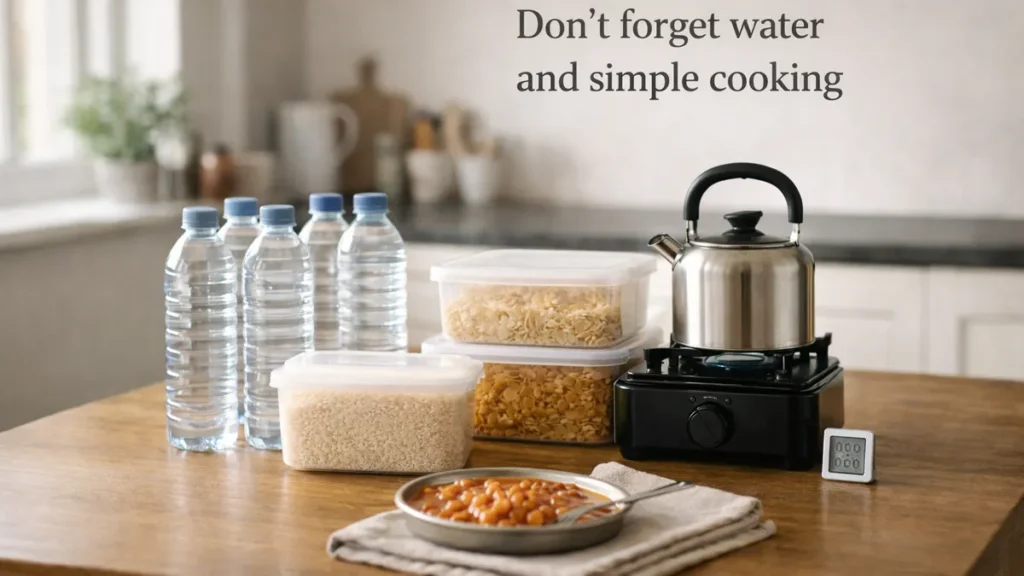 Water bottles, lidded tubs of dry staples and a simple stovetop kettle on a small hob on a wooden table in a bright UK kitchen, with the heading “Don’t forget water and simple cooking”.