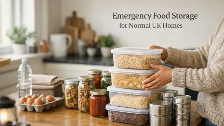 Neatly stacked food storage tubs and jars on a wooden table in a bright UK kitchen, hands placing a container on top.