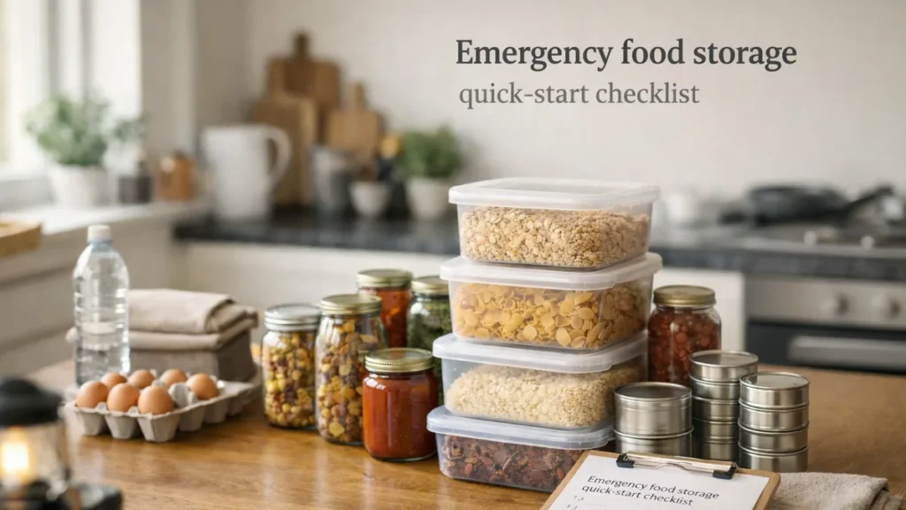 Clipboard checklist beside neatly stacked dry food tubs and jars on a wooden table in a bright UK kitchen.