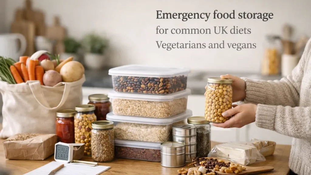 Plant-based emergency food staples on a kitchen table in a bright UK home, with stacked tubs of grains and beans and hands holding a jar of chickpeas.