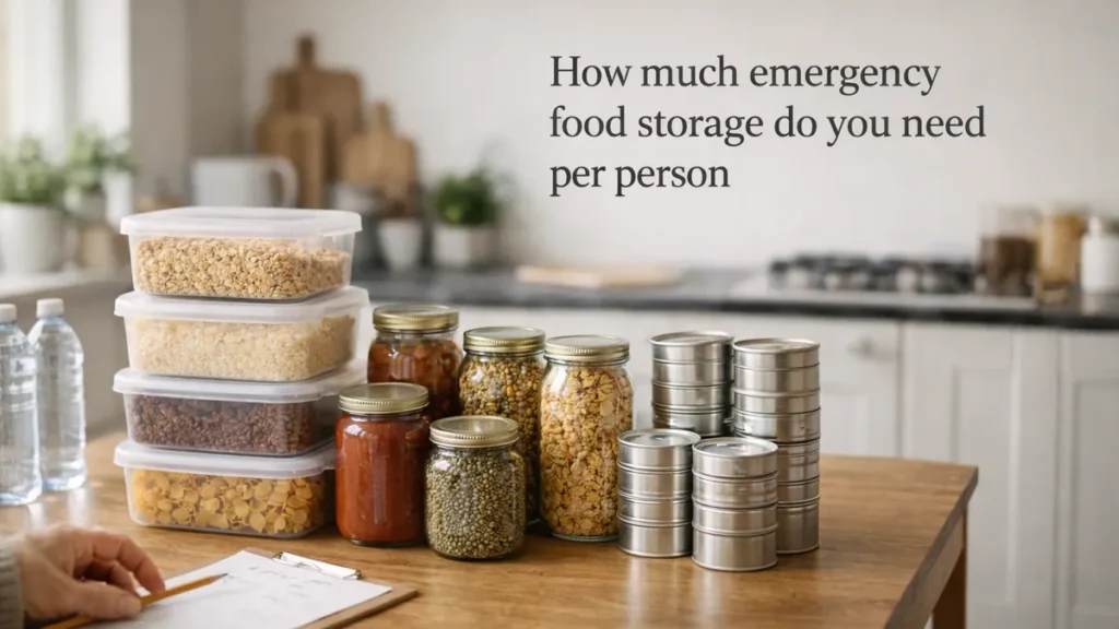 Stacked tubs of dry staples, jars and small tins on a wooden kitchen table with a checklist in a calm UK home.