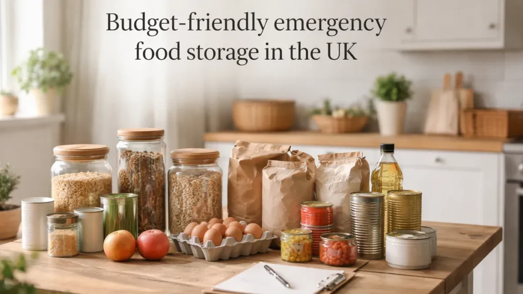 Budget-friendly emergency food storage on a UK kitchen table with jars of grains, tins, eggs and a checklist.
