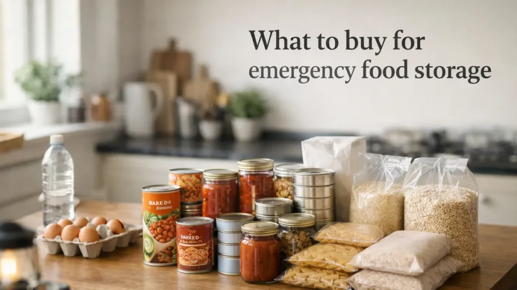 Emergency food storage items on a wooden table in a bright UK kitchen, including tins, jars, rice, pasta and oats.