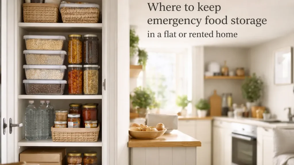 Neatly organised cupboard pantry with clear tubs and jars of dry staples, plus water bottles, in a bright UK kitchen.