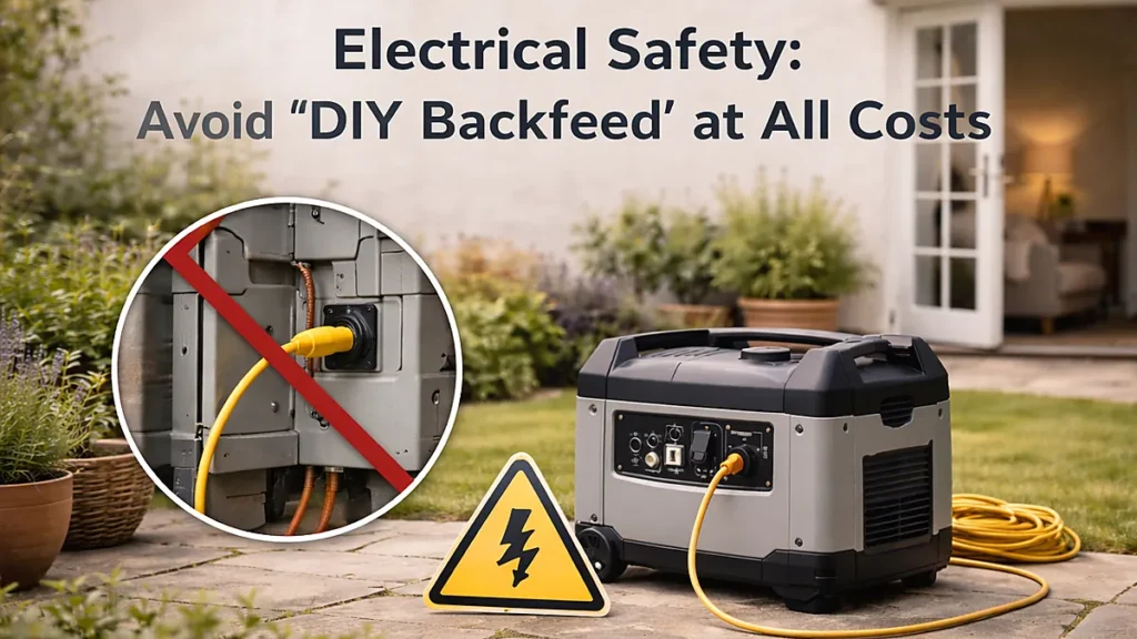Portable generator on a UK patio with a warning sign and “no DIY backfeed” graphic, titled “Electrical Safety: Avoid ‘DIY Backfeed’ at All Costs”.