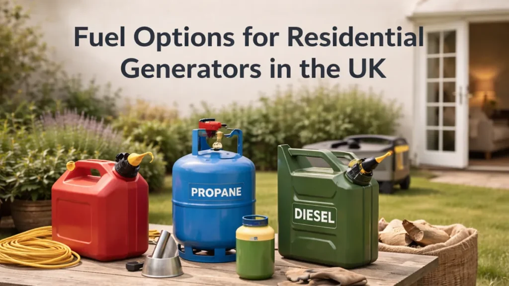 Petrol can, propane cylinder and diesel can on a garden table in a UK home setting, with the text “Fuel Options for Residential Generators in the UK”.