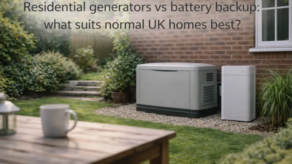 Residential generator and home battery backup unit side by side outside a red brick UK house in a calm garden setting.