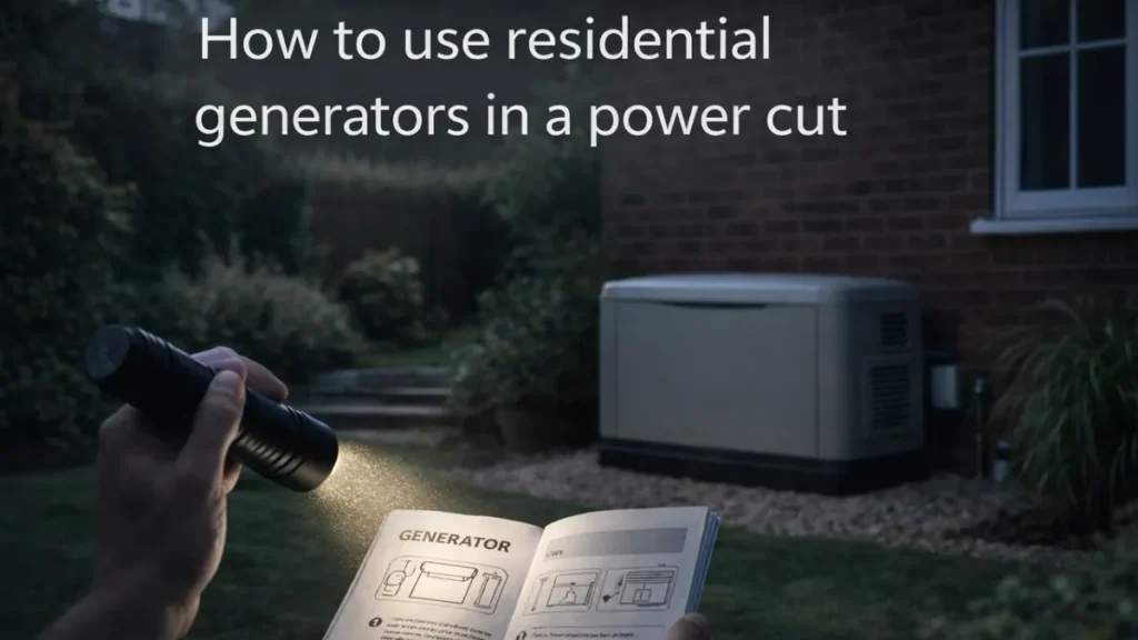 Hand holding a torch over a generator manual in a UK garden at dusk, with a standby generator beside a red brick house.