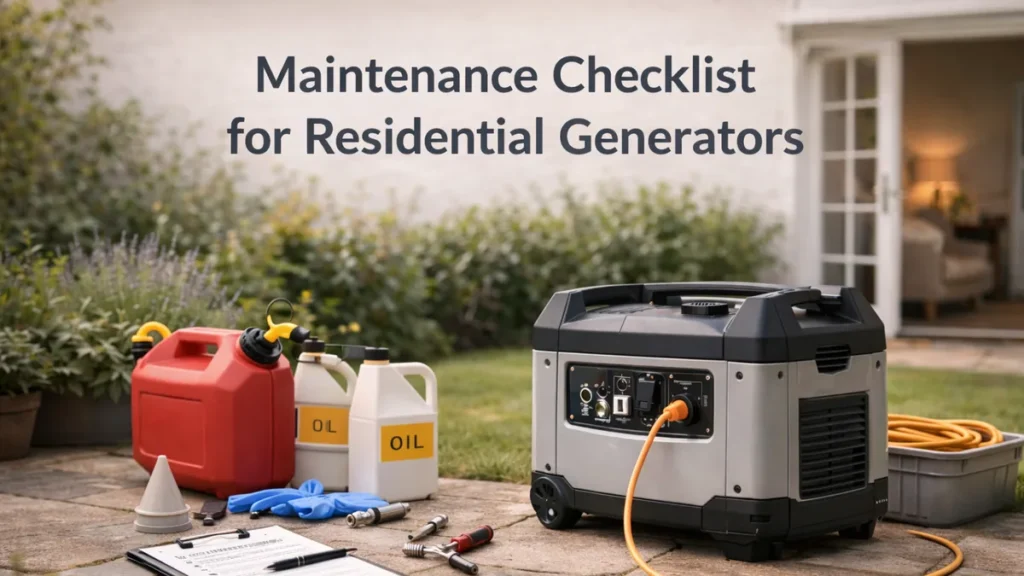 Portable generator on a UK patio with a maintenance checklist, basic tools and oil containers, titled “Maintenance Checklist for Residential Generators”