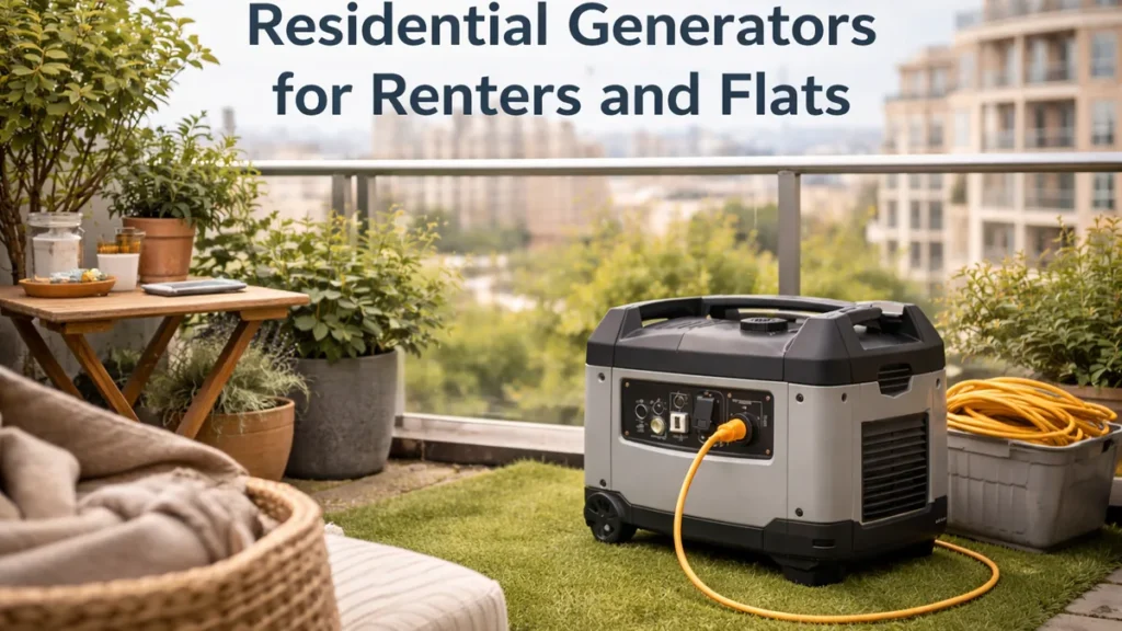 Portable inverter generator on a small UK flat balcony with plants and storage box, titled “Residential Generators for Renters and Flats”.