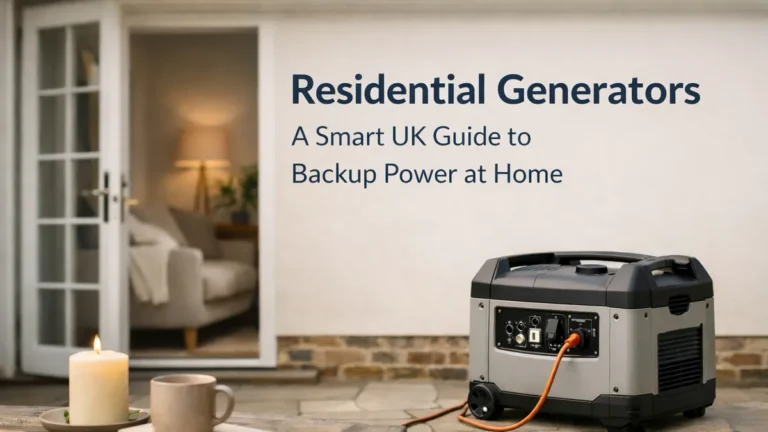 Portable generator on a patio by open French doors, with the title “Residential Generators: A Smart UK Guide to Backup Power at Home”