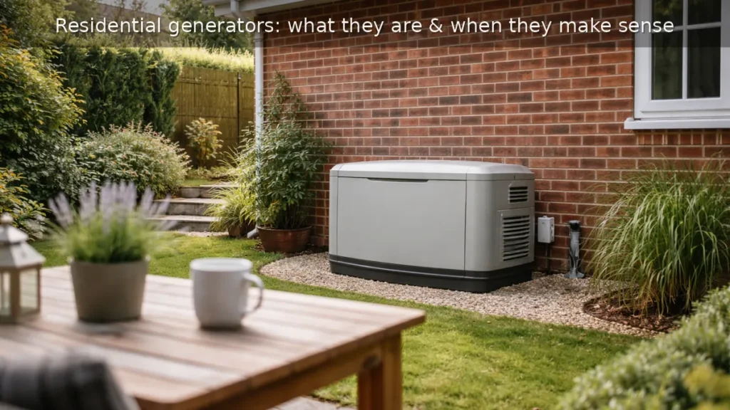 Modern residential standby generator beside a red brick UK home, viewed from a tidy garden patio in soft daylight.