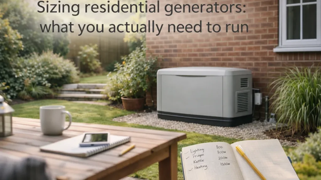 Notebook with power-use notes and a phone on a patio table, looking towards a residential generator beside a red brick UK home.
