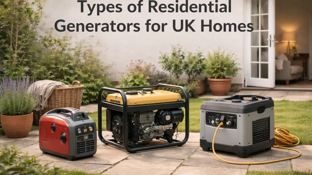 Three different residential generator styles on a UK patio in soft daylight, with the text “Types of Residential Generators for UK Homes”