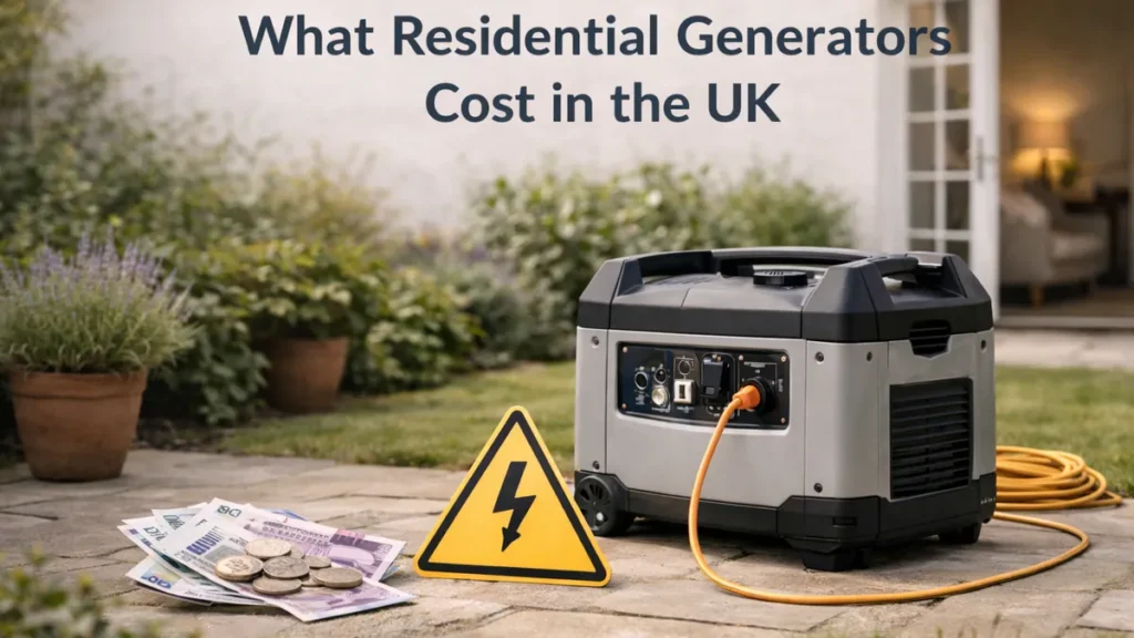 Portable generator on a UK patio with pound notes and coins, titled “What Residential Generators Cost in the UK”.