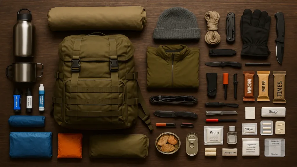 Bug out bag UK 72-hour flatlay showing essential survival gear for emergency evacuation and preparedness.