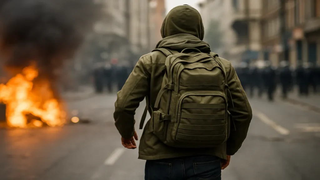 Person with a bug out bag evacuating through an urban street during civil unrest, illustrating real-world emergency preparedness.