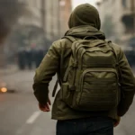 Person with a bug out bag evacuating through an urban street during civil unrest, illustrating real-world emergency preparedness.