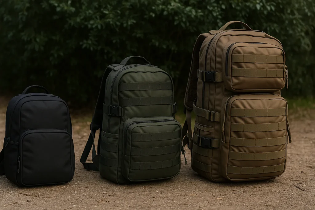 Three bug out bag UK size options displayed outdoors, showing small, medium and large backpacks for emergency evacuation and preparedness.