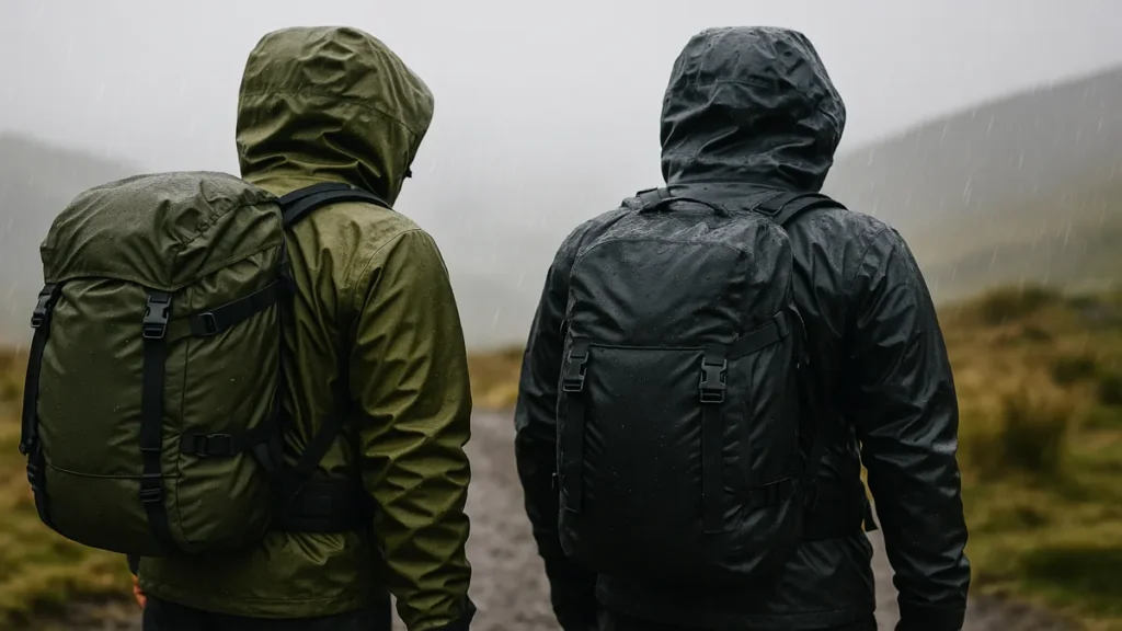 Two people wearing high-performance waterproof gear and carrying bug out bags while hiking in heavy rain during a UK emergency preparedness scenario.
