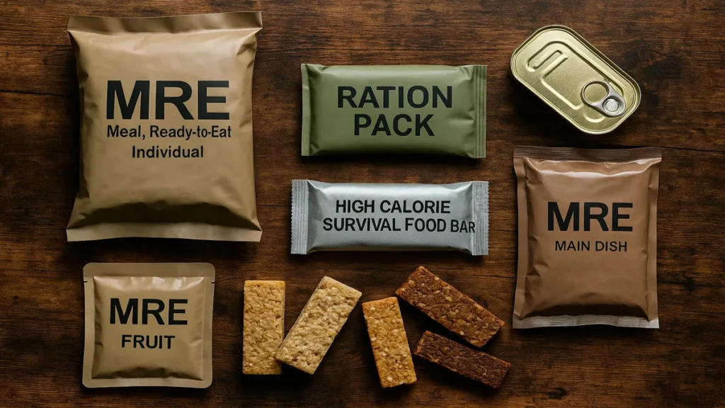 Flatlay of emergency food supplies including MREs, ration packs, high calorie survival bars and tinned items for UK prepping.
