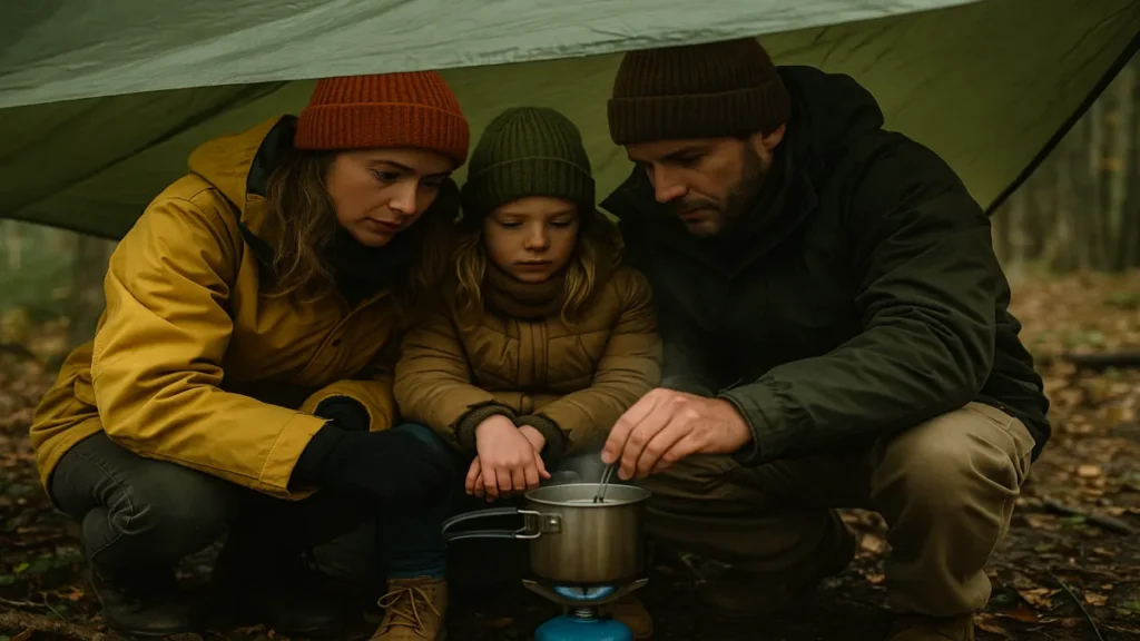 Family keeping warm under a tarp while boiling water on a camp stove during a UK survival or emergency situation.
