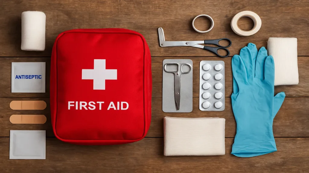 Flatlay of first aid kit supplies including bandages, scissors, gloves, antiseptic wipes and medical essentials for UK preppers.
