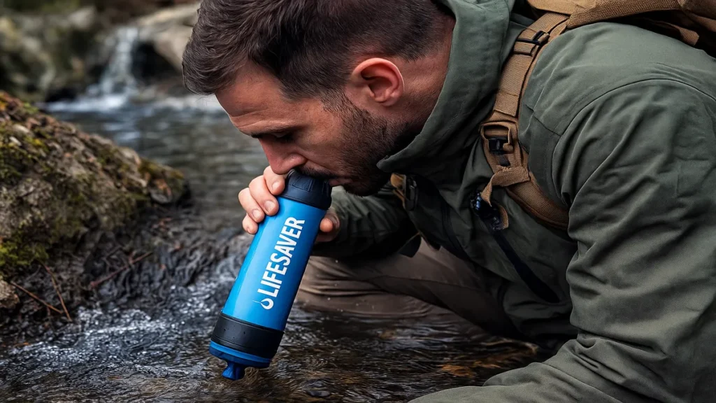 Person using a LifeSaver water filter in an outdoor UK stream, demonstrating emergency water purification during survival or evacuation.
