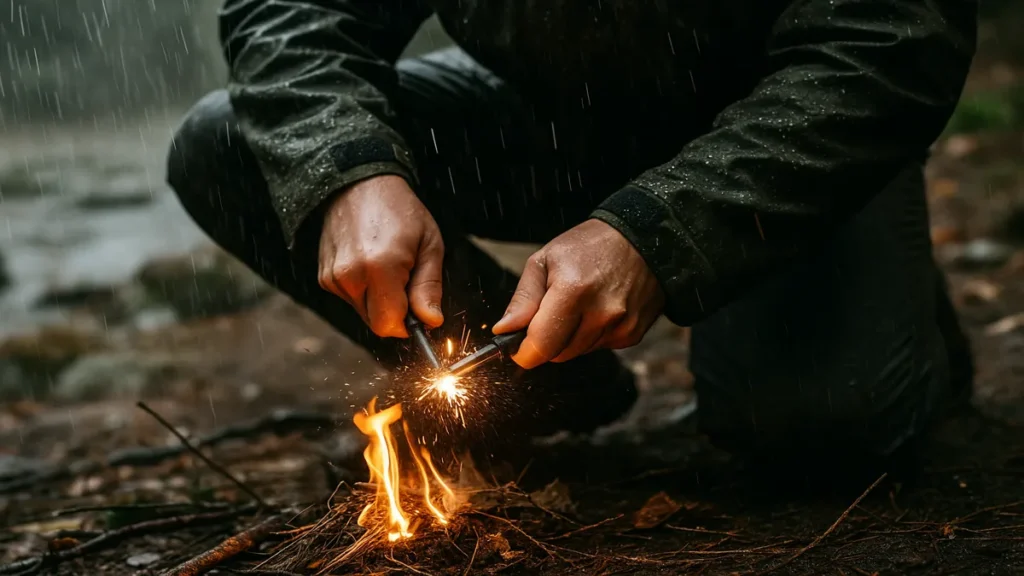 Person starting a fire with a ferro rod in the rain during an outdoor UK survival situation.
