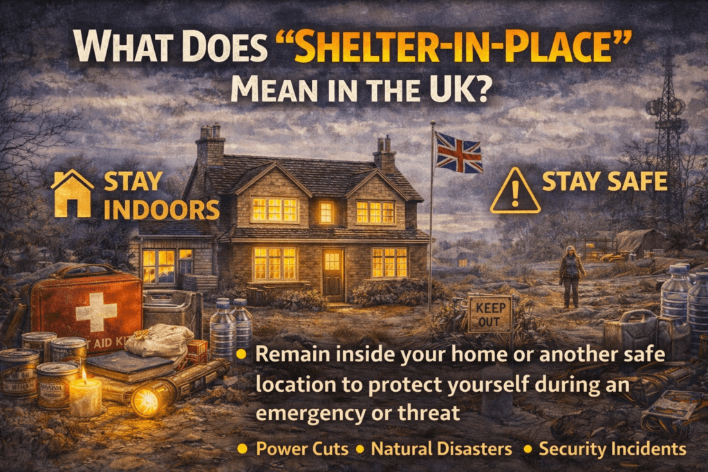 Shelter in place prepping UK infographic showing staying indoors and staying safe at home during emergencies.