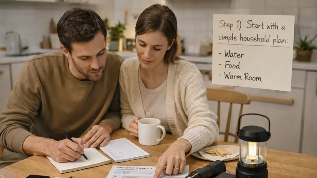 Two adults at a UK kitchen table writing an emergency plan, with a lantern, torch and checklist in soft daylight.