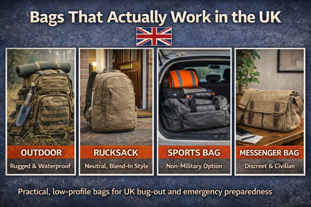 Examples of practical, low-profile bags that actually work in the UK for bug-out and emergency preparedness.