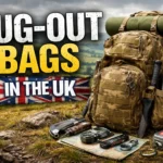 Bug-out bag packed with essential emergency gear in a rural UK landscape, representing realistic UK bug-out preparation.