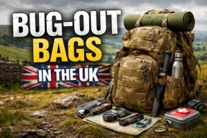 Bug-out bag packed with essential emergency gear in a rural UK landscape, representing realistic UK bug-out preparation.