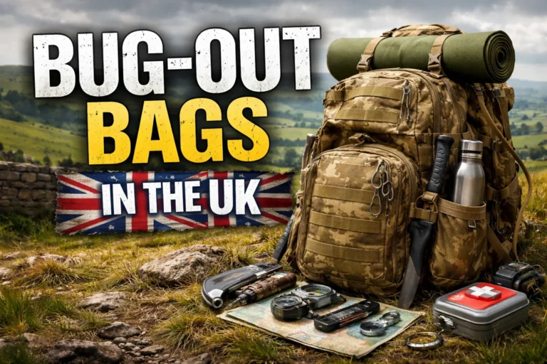 Bug-out bag packed with essential emergency gear in a rural UK landscape, representing realistic UK bug-out preparation.