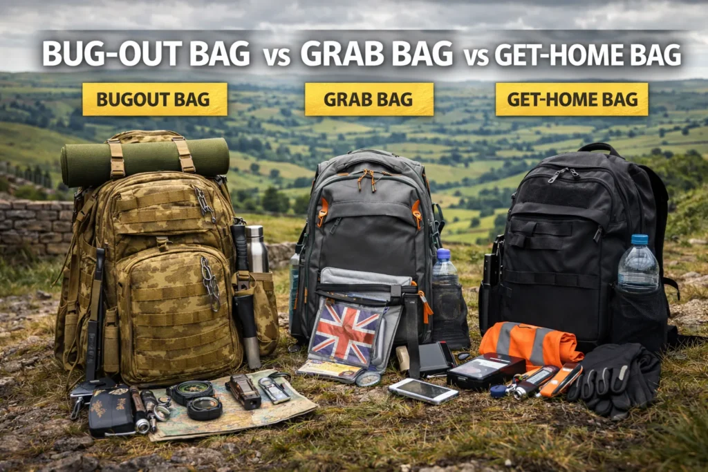 Comparison of a bug-out bag, grab bag, and get-home bag laid out in a UK countryside setting, showing their different roles in emergency planning.