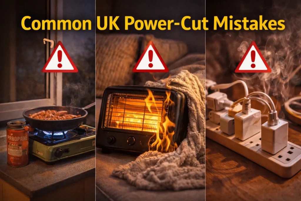 Common mistakes during UK power cuts including unsafe heating, cooking, and overloaded sockets