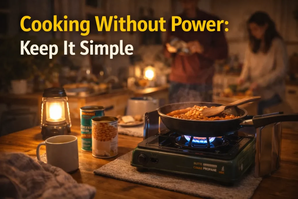 Simple meal being cooked on a portable stove in a UK kitchen during a power cut