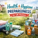 Health hygiene preparedness uk supplies arranged in a calm UK home garden setting, including first aid items, toiletries, towels, and household essentials.