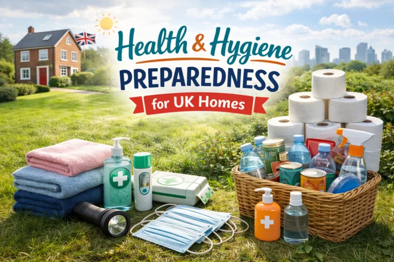 Health hygiene preparedness uk supplies arranged in a calm UK home garden setting, including first aid items, toiletries, towels, and household essentials.