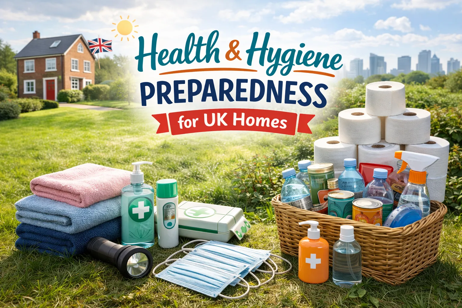 Health hygiene preparedness uk supplies arranged in a calm UK home garden setting, including first aid items, toiletries, towels, and household essentials.