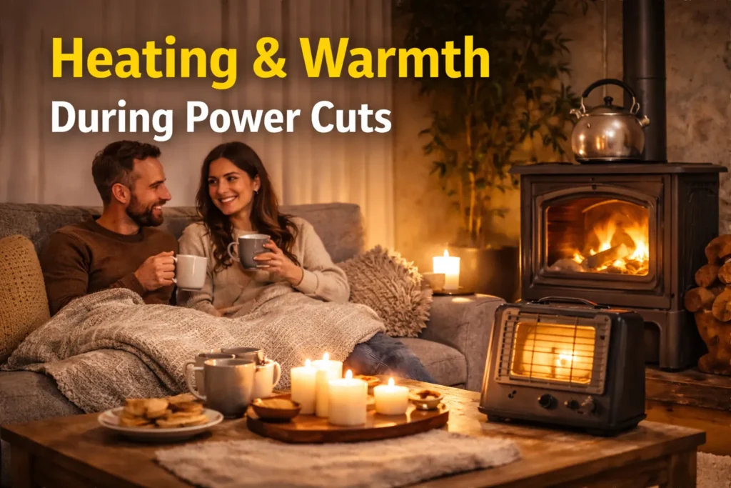 Staying warm in a UK living room during a power cut using blankets and safe alternative heating