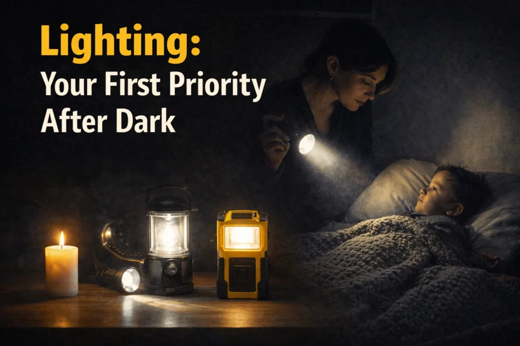 Torches and battery lanterns providing light in a UK home during a power cut at night