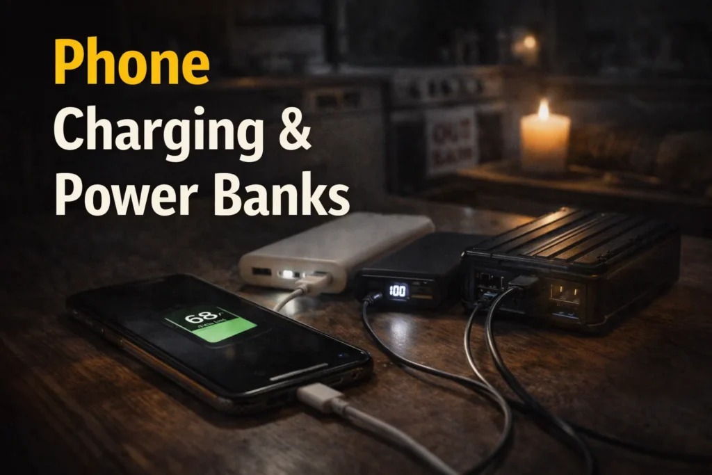 Smartphone charging from power banks in a UK home during a power cut