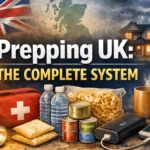 Prepping UK: The Complete System feature image showing lantern, first aid kit, water, tinned food, torch, power bank and emergency plan.