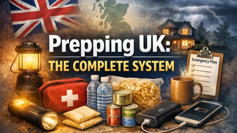 Prepping UK: The Complete System feature image showing lantern, first aid kit, water, tinned food, torch, power bank and emergency plan.