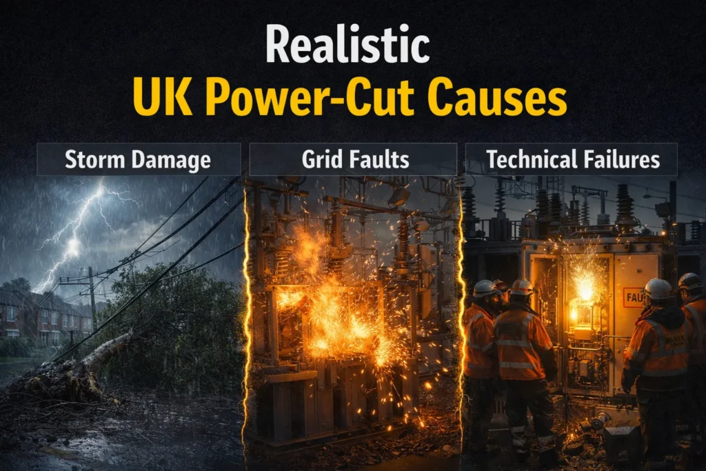 Common causes of UK power cuts including storm damage, grid faults, and infrastructure failures