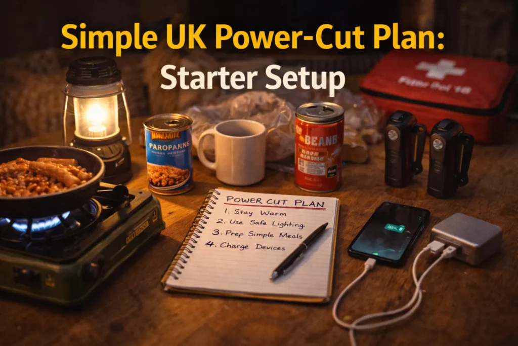 Simple UK power cut starter setup with lighting, food, charging, and basic essentials