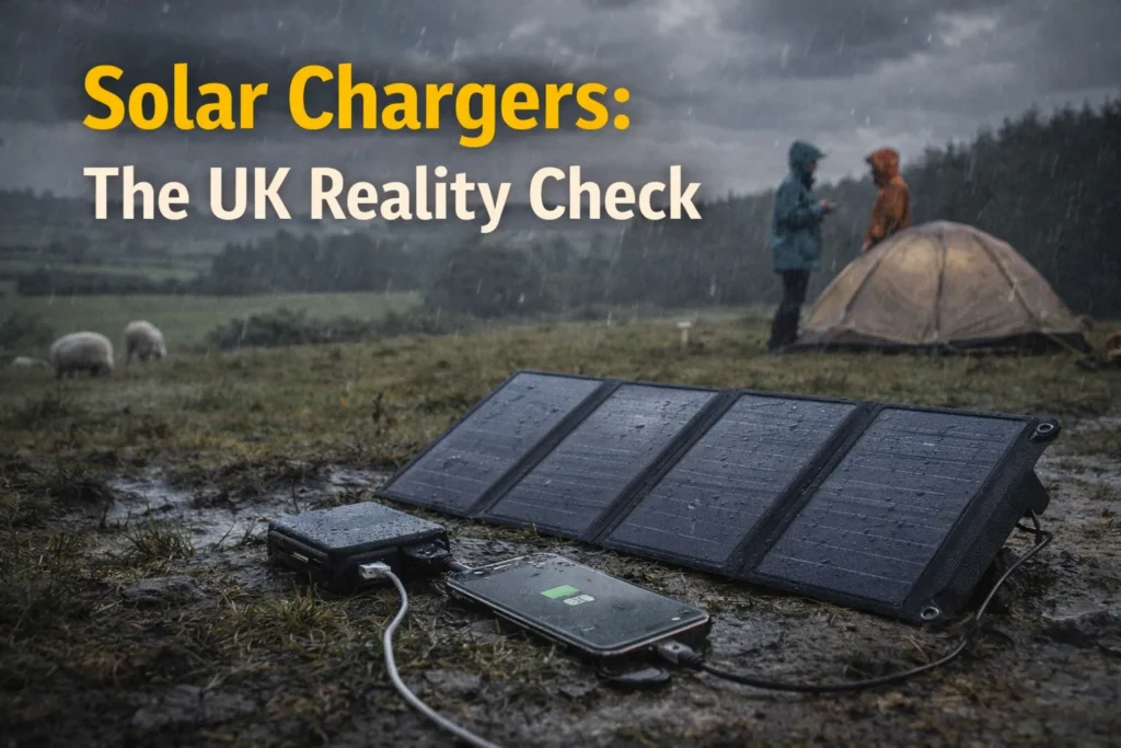 Portable solar charger powering a phone in overcast UK weather during a power cut