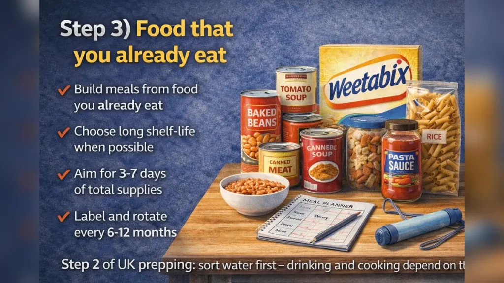 Graphic titled “Step 3) Food that you already eat” showing everyday long-life foods, meal planner and storage tips.